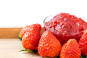 Freshness Various sweet red strawberries with jam strawberry isolated on white background,cut out on wooden