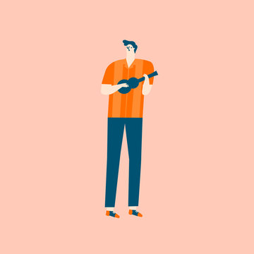Guitar player cartoon character in mid century rock-n-troll style in vector