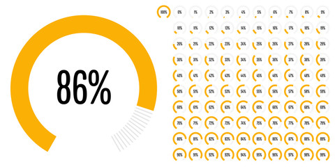 Set of circular sector percentage diagrams (meters) from 0 to 100 ready-to-use for web design, user interface (UI) or infographic - indicator with yellow