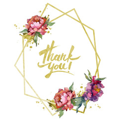 Purple peony floral botanical flower. Watercolor background illustration set. Frame border ornament...