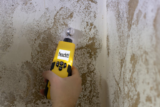 Mit einem Feuchtigkeitsmessger&auml;t wird eine Kellerwand gemessen. Das Messger&auml;t zeigt an, dass die Wand feucht ist.
