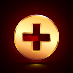 3D stylized Plus icon. Golden vector icon. Isolated symbol illustration on dark background.