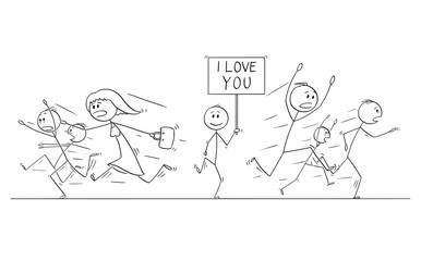 Cartoon stick figure drawing illustration of group or crowd of people running in panic away from man walking with I love you sign.