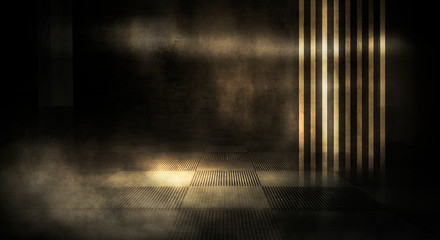 Background of an empty dark-black room. Empty brick walls, lights, smoke, glow, rays