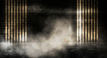 Background of an empty dark-black room. Empty brick walls, lights, smoke, glow, rays