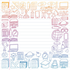 Obraz premium Vector set of Back to School icons in doodle style. Painted, colorful, gradient on a piece of linear paper on white background.