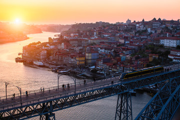 Bird's-eye view of Dom Luis I bridge and Douro river, Porto - Portugal.