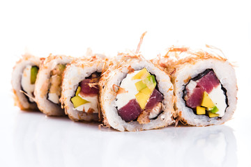 sushi rolls on white background isolated. Traditional Japanese cuisine