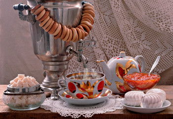 Still life with samovar and marshmallow