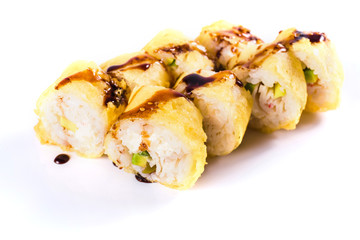 sushi rolls on white background isolated. Traditional Japanese cuisine