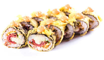 sushi rolls on white background isolated. Traditional Japanese cuisine