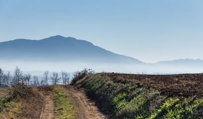 rural landscape with fog and mountains