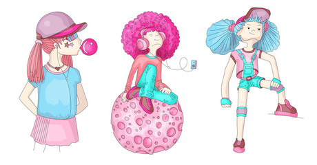 Colored Set of teenage girl icons, cute cartoon teen objects, fun stickers design vector in teenager girls concept. Doodle icon set for teenagers. Colored hand drawn set of teenage girl icons