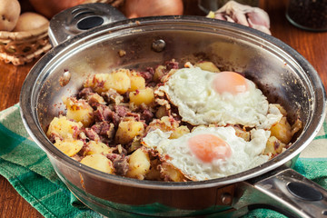 Corned beef hash in a frying pan