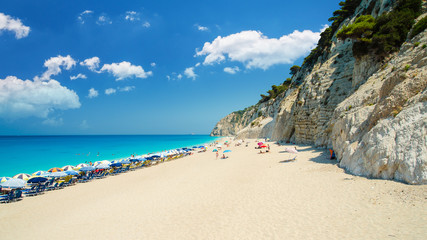 Egremni beach, Lefkada island, Greece. Large and long beach with turquoise water on the island of Lefkada in Greece