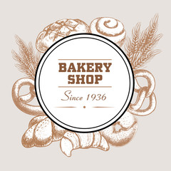 Bakery shop poster with fresh baked bread loaf, pretzel, croissant, bagel, cinnamon iced bun and wheat. Sketch style hand drawn design for local bread shops. Vector illustrations.