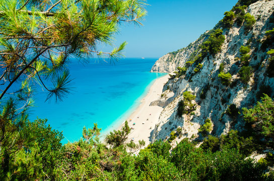 Egremni beach, Lefkada island, Greece. Large and long beach with turquoise water on the island of Lefkada in Greece