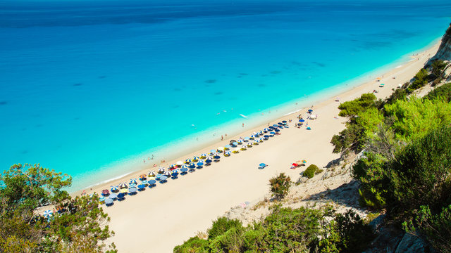 Egremni beach, Lefkada island, Greece. Large and long beach with turquoise water on the island of Lefkada in Greece