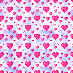 Beautiful illustration Seamless pattern with pink watercolor hearts. Background romantic design. for greeting cards and invitations of the wedding, birthday, Valentine's Day, mother's day