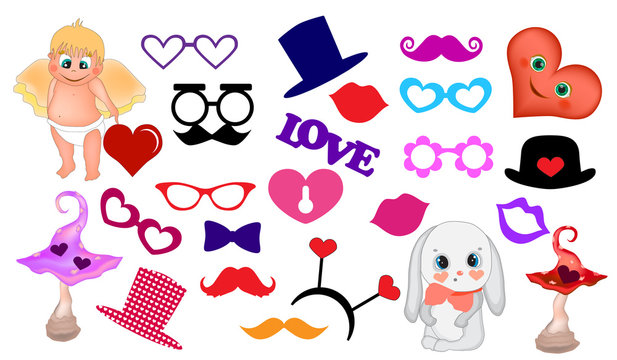Valentine's Day Photo Booth Props.  Printable Decorations. Valentine scrapbooking vector set 
