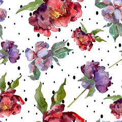 Obraz na płótnie Canvas Red and purple peony botanical flower. Watercolour drawing fashion aquarelle. Seamless background pattern.