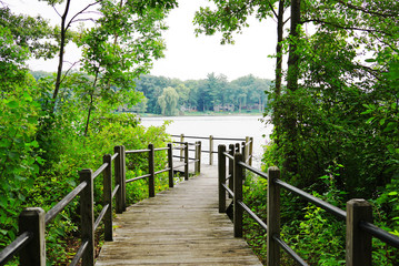 Walkway bridge over lake Michigan. Boardwalk