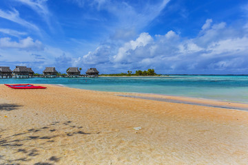 Coastline with a tropical beach and the turquoise water of the inner lagoon of the atoll of Tikehau at sunny day. Tuamotus archipelago, French Polynesia, south Pacific ocean.
