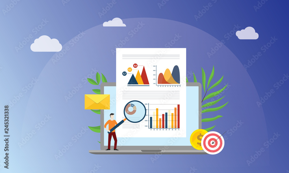 Poster visual data marketing concept with business man people with magnifying glass analyze data graph and 