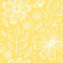 Tender yellow spring outline hand drawn floral seamless pattern. Romantic white meadow flowers, leaves and branches on pastel pale background for textile, wrapping paper, cover, surface, wallpaper