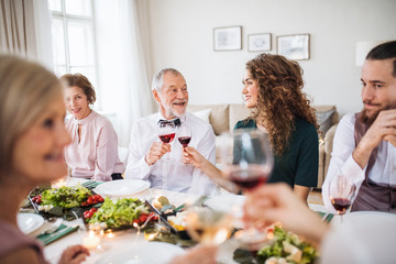 A big family sitting at a table on a indoor birthday party, clinking glasses.