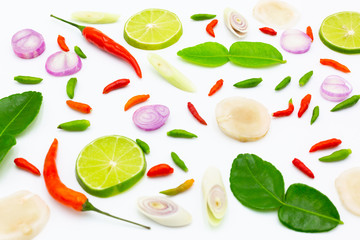 Tom Yum, Thai ingredients for Thai food, popular soup Tom Yum, on white background.