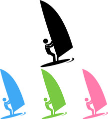 Vector icons of color silhouettes of a person who deals with windsurfing 