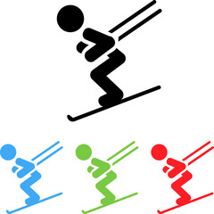 Vector icons of colored skier silhouettes that descend from the mountain 
