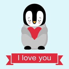 Happy Valentines day in love penguin. Penguin holding a heart. Plush toys penguin with heart. Gift. Kawaii.