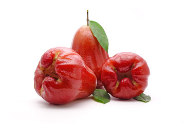 Rose apple or Bell fruit with green leaves isolated on white background.