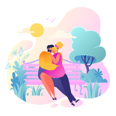 Romantic vector illustration on love story theme. Happy flat people character sitting on the bench, embrace and kiss. Happy lover man and woman flirt.