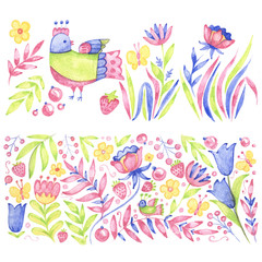 Watercolor abstract cute elements. Floral pattern. Folk doodles on white background.