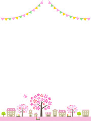 Spring streets and big cherry tree with decoration