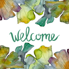 Ginkgo biloba leaf. Watercolor background illustration set. Frame border ornament square.