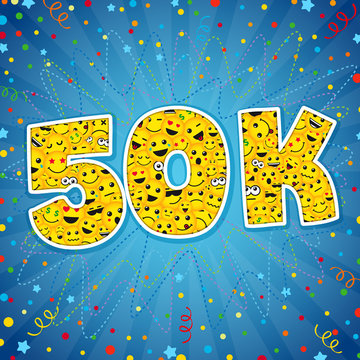 Thank You 50K Logotype. Congratulating Bright 50.000 Networking Thanks, Net Friends Abstract New Image, 50000k Cute Sign, People Digits. Isolated Smiling Years Old, Lol Symbol. Graphic Design Template