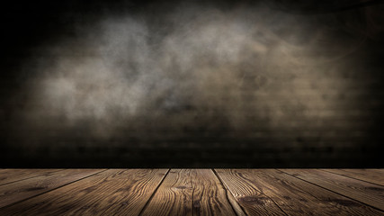 Wooden table in a dark room.