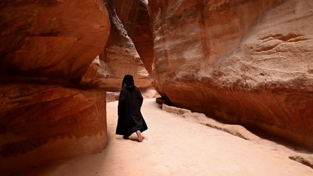 A man is walking on the path leading to Al Khazneh (The Treasury). Amazing Path that passes between a beautiful canyon made up of red rocks in Petra, Jordan.
