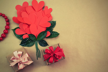 Bouquet of red hearts gift satin ribbon bow concept of Valentine's day, birthday, women's day