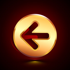 3D stylized Arrow Left icon. Golden vector icon. Isolated symbol illustration on dark background.