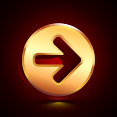 3D stylized Arrow Right icon. Golden vector icon. Isolated symbol illustration on dark background.