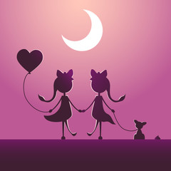 Silhouettes of a woman with pet and a woman with balloon walking in the moonlight. LGBT couple love concept. Design for card.