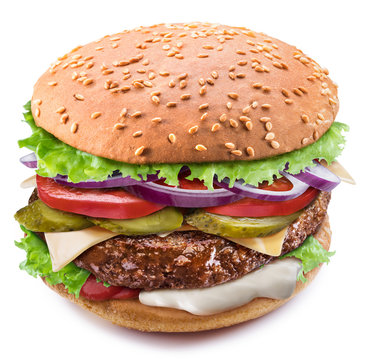 Huge hamburger. Perfect shot of burger's layers. File contains clipping path.