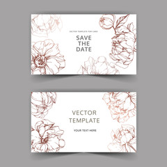 Vector Copper peony floral botanical flower. Engraved ink art. Wedding background card floral decorative border.