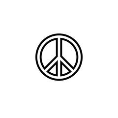 Black outlined circular hippie peace sign icon.