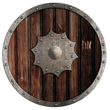 Round wooden shield with metal star in center 3d illustration